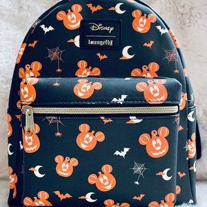 NWT Loungefly Disney Mickey Mouse Face Pumpkin AOP Halloween Bat Spider Web Moon